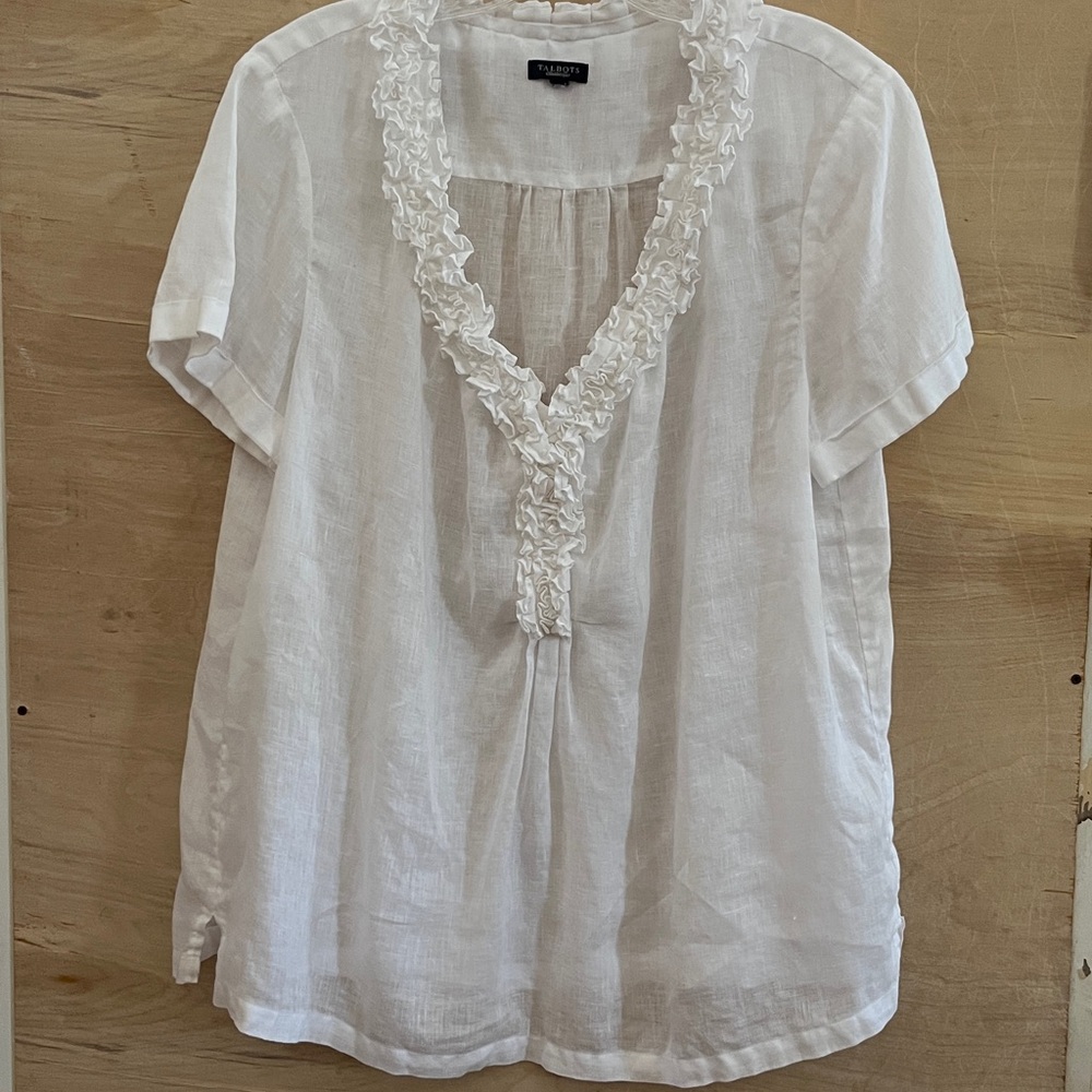 Talbots Linen Blouse with Ruffled V-Neck